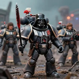 space marine from warhammer 40000 in the style of the musicians from the beatles, realism, against the background of the battlefield, depth of field, focus on darth vader,
