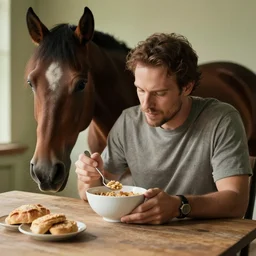 a horse man sitting at a table eating cereal