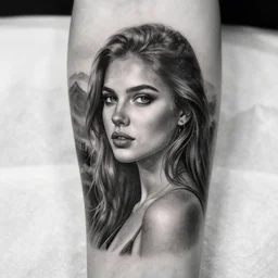a beautiful girl faded in a mountain background, in the style of den yakovlev, black and white, realism tattoo, hyper realistic, highly detailed