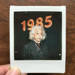 a polaroid photo of einstein in a blockbuster video ( 1 9 8 5 )