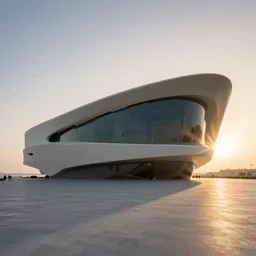 High-quality DSLR photography of a modern museum in Qatar at dawn, designed by Zaha Hadid, warm lighting, beams of sunlight