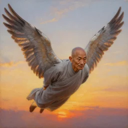 Thich Naht Hanh with wings, flapping its wings flying in sunset sky, oil on canvas, portrait, intricate, 8k highly professionally detailed, HDR, CGsociety