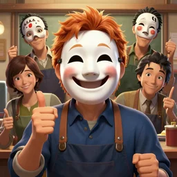 portrait of a cinematic still of shigeru miyamotoas as the happy mask salesman, ginger, art by lois van baarle and loish and ross tran and rossdraws and sam yang and samdoesarts and artgerm and saruei and disney, digital art, highly detailed, intricate, sharp focus, trending on artstation hq, deviantart, 4 k