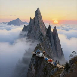 sharp pointy mountains with a village piercing through the clouds, wooden platforms, tents, colors, misty clouds, sun at dawn, brutalism, painting by caspar david friedrich