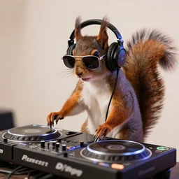 a cyborg squirrel wearing heaphones and sunglasses DJing with DJ turntables, photoreal