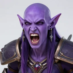 twitch streamer asmongold as a night elf, detailed face, angry and screaming, purple!!! skin, balding, world of warcraft cosplay, medium shot, studio lighting