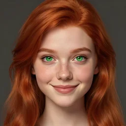 a fantastic portrait photograph of a smiling girl with red hair and green eyes, symmetrical face, artstation, deviantart, hyperrealism