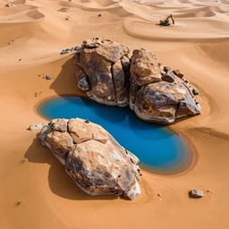 opal faceted boulders, orange sand desert with pools of bright milky blue water, construction equipment, birds eye view