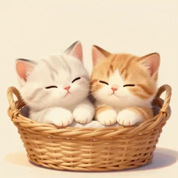 two kittens sleeping in a basket, puffy paint, warm color palette, happy
