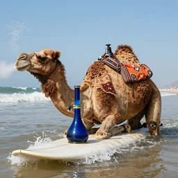a camel smoking a bong on a surfboard