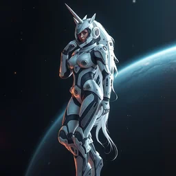 beautiful hourglass feminine cyborg in full body space suit, unicorn helmet, steel boots, concept art by artgerm, photoshoot, intricate, highlydetailed, space background, artstation 4 k raytracing, shadows, highlights, illumination - n 4