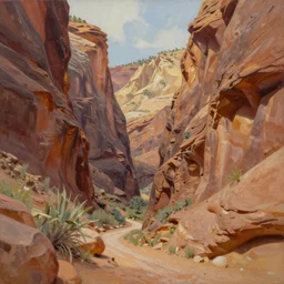 beautiful oil painting of a canyon in between mountains, trending on artstation, high detail, realism, award winning, detailed lighting