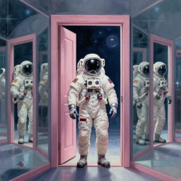 diego dayer, hyperrealistic surrealism, award winning masterpiece with incredible details, a surreal vaporwave painting of door leading to nowhere, mirrors everywhere, highly detailed, astronaut