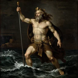 Poseidon, the god of the sea, painting by Albrecht Dürer, dark colors