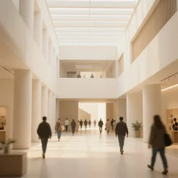 the inside of a building, octane render, warm colour scheme, white, cinematic, scenery, high detail, high quality, close up angle, people walking