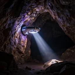 teleportation machine in a dark cave, light shining from the machine and illuminating the rock formations, style of amethyst