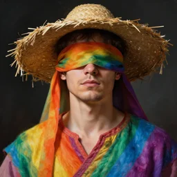 portrait of a man wearing a blindfold over his eyes, rainbow colored tunic, straw hat with hanging tassels, fantasy, highly detailed, cinematic lighting, digital art painting by greg rutkowski