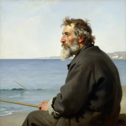 painting portrait of wise man as a fisherman looking at the coast by bouguereau and ilya repin