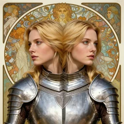 masterpiece head-on symmetrical centered portrait, Imogen Poots and Elisha Cuthbert as a D&D paladin, wearing steel plate armour over chest, blonde hair, masterpiece art nouveau background, elegant, Pre raphaelite art style, in the style of Edgar Maxence and Ross Tran and Zdzisław Beksiński and Gustave Doré and H.R. Giger and Mucha, specular highlights, 8k, octane render