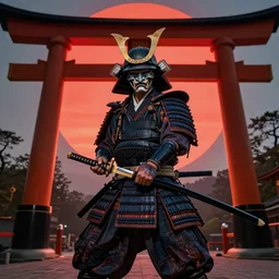 a godlike and indomitable helmeted and masked samurai posing with their realistic detailed katana and wakizashi under an enormous Torii gate, the Japanese red rising sun in the coming up in background. Badass pose. Photo realistic. Gregory crewdson. Award winning. Masterpiece, exquisite detail, post processing