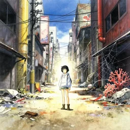 incredible anime movie scene, mamoru oshii, otomo, ultra wide, vanishing point, hoody woman explorer, watercolor, empty, spiderwebs, trash, coral reef, billboards, harsh bloom lighting, rim light, abandoned city, paper texture, caustic shadows, deserted shinjuku junk town, bright sun ground, wires, telephone pole, pipes, yellow, red