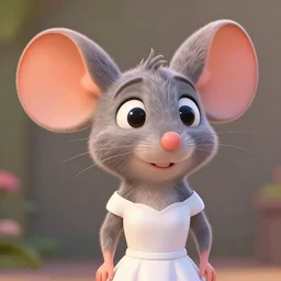 3 d render, portrait, headshot, closeup, anthropomorphic mouse, female, in a maxi white dress, in the style of zootopia, closeup