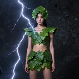 asian female wearing leaf costume, contrast lightning, rough dark background, art by dannylailai on artstation, by hsiao ron cheng
