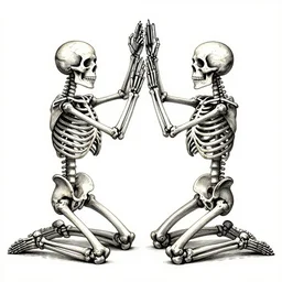 two skeletons kneeling facing each other arms raised, ink pen, highly detailed, crosshatching, flat art