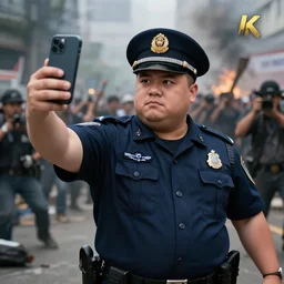 chubby cop takes a selfie in front of a riot, highly detailed, sharp focus, dramatic lighting, 8 k