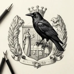 a perched crow clenching a sharp arrow, centered on family crest, coat of arms, pencil and ink, very detailed, artstation, mysterious, mythical, greek mythology, norse mythology, full frame, dramatic shading, jonathan pointer, janie penny,