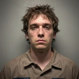 prison mugshot of real - life squidward, bright flash, brown prison shirt, low saturation, somber expression, filthy hair, rugged textured face, soft vignette, soft focus, 5 0 mm, 4 k, nypd