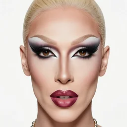 realistic photograph of a drag queen symmetrical facial features by annie leibovitz richard avedon katie grannan 2 0 0 1, white face paint, dynamic shadows, hdr, large format film zeiss lens
