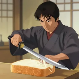 a movie still of a samurai slicing through a loaf of bread with a smurai sword, a movie by Akira Kurosawa