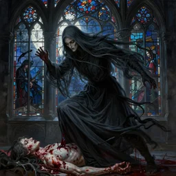 breathtaking detailed soft painting of grim reaper in gauze dress, with long hair and piercing eyes in blood bleeding meat and flesh, in an intricate medieval stained glass moonlight, dynamic pose and movement, rembrandt style, elegant, highly detailed, artstation, concept art, matte, sharp focus, art by tom bagshaw, luis royo and greg rutkowski