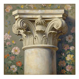 achingly beautiful painting of intricate ancient roman corinthian capital on flat floral background by rene magritte, monet, and turner. piranesi.