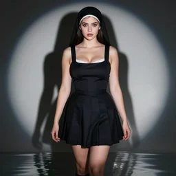 striking photographs of alexis dziena wearing girls catholic school short skirt, curvaceous. detailed expression, high quality, very dark lighting, many shadows, high contrast, fantasy, reflective, spotlight. by artgerm and wlop and alex ross and alphonse mucha, trending on artstation