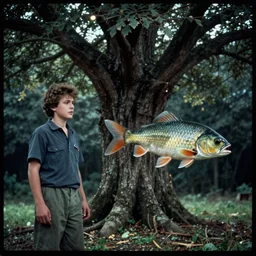 7 0 s film still from a horror movie about a tree and a fish, kodachrome, cinecolor, cinestill, film grain, film texture, retro, cinematic, high resolution, photorealism,