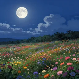 landscape, summer night, moon, full of colorful flower and tree, beautiful cloud, quiet, no people, anime background,, illustration, sharp focus, intricate, smooth, super wide angle, trending on artstation, trending on deviantart
