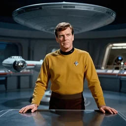 Cpt. Kirk in his mustard-colored shirt from the 1960s TOS series, on the bridge of the USS Enterprise, cinematic view, 8K UHD, raytracing, highly reflective
