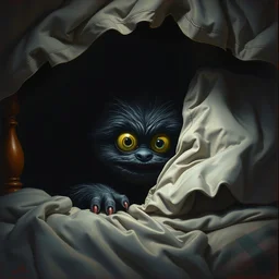 under the bed a big monster hides, cute, furry, big eyes, dark, dramatic lighting, pixar bedroom scene, cinematic, highly detailed, realistic oil painting by tim hildebrandt and greg rutkowski and tom bagshaw