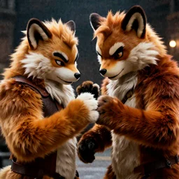 gerald of rivia fighting with fursuit cosplayers, cinematic, concept art, wlop, beeple, highly detailed, face, hands, unreal engine, octane render