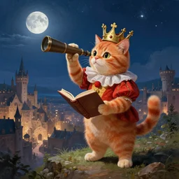 a fantasy painting of an anthropomorphic orange tabby cat dressed as a renaissance clown with a crown in head and holding a book while looking to the telescope, standing on a hill overlooking a vast medieval city, cinematic, beautiful lighting, night sky with stars and moon, dramatic