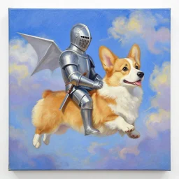 Magic of the Skies oil on a 16 x 16 canvas a corgi knight, artwork
