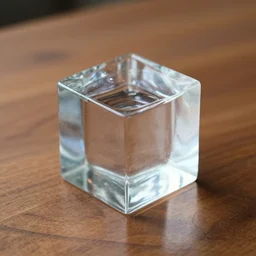 a cube made of water on a wood table