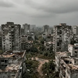 a deserted city, empty buildings, vegetation, gloomy, deserted, corruped architecture, trending on artstation, deviantart, high detail, high definiton, high quality, photo realistic, ultra realistic, hyper realistic, 4 k uhd,