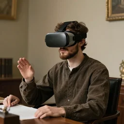 Pre-Raphaelite portrait of a young beautiful brown-haired bearded male sitting in office wearing vr-headset