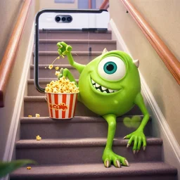 mike wazowski falling down the stairs with a bucket of popcorn, iphone photo