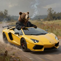 A bear in a suit smoking a cigar while drifting in a Lamborghini, oil painting