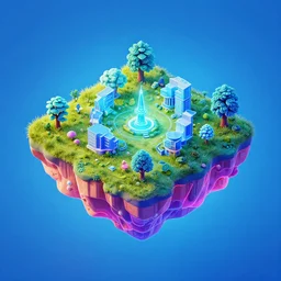 isometric island on neon background, isometric invironment, 3d art, isometric art, high detail, artstation, concept art, behance, ray tracing, smooth, sharp focus, ethereal lighting