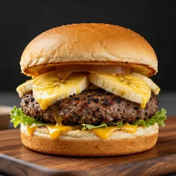 delicious banana burger , 8k , mega high quality , professional food photography , award winning photo , foodporn